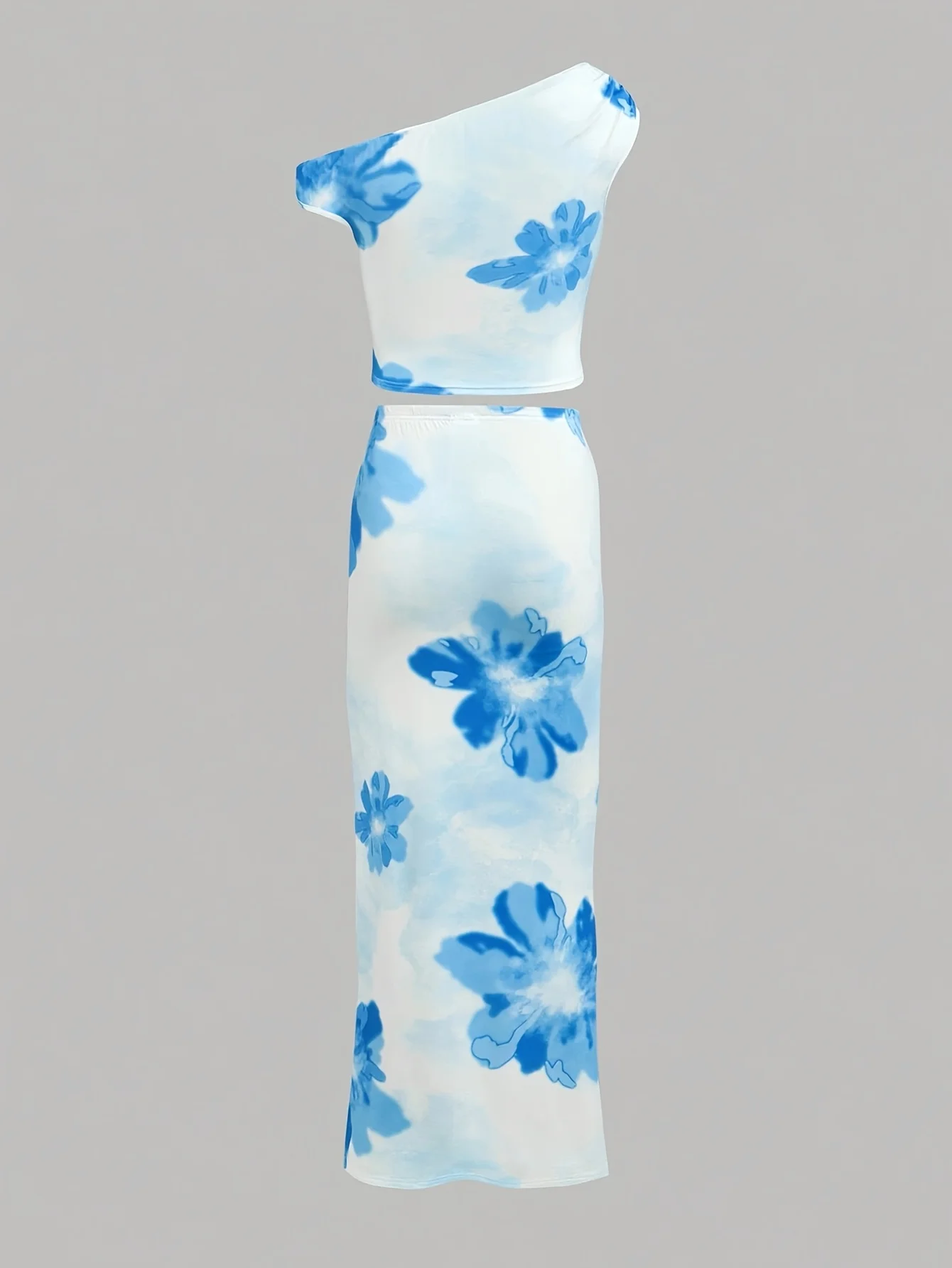 Girls' Casual Skirt Set: Blue Sleeveless Asymmetrical Neckline Top + Blue Floral Print Skirt Two-Piece Set, Blue Floral Print, Fashionable and Versatile, Suitable for Girls Aged 5-13, Home and Vacation Wear - Image 2