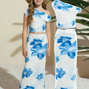 Girls' Casual Skirt Set: Blue Sleeveless Asymmetrical Neckline Top + Blue Floral Print Skirt Two-Piece Set, Blue Floral Print, Fashionable and Versatile, Suitable for Girls Aged 5-13, Home and Vacation Wear