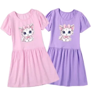 Girls Fashion Short Sleeve Dresses Cute Cat Print Princess Dress New Kids Summer 3-14Y Birthday Clothes