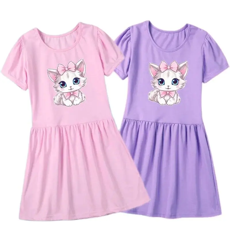 Girls Fashion Short Sleeve Dresses Cute Cat Print Princess Dress New Kids Summer 3-14Y Birthday Clothes