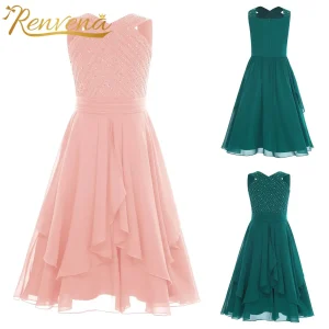 Girls Formal Party Dress Chiffon Flower Girl Dresses Christmas Party Birthday Gift Wedding Junior Bridesmaid Sleeveless Dress