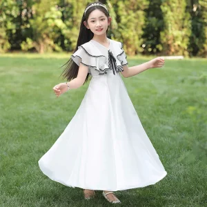 Girls Princess Long Dresses Summer Kids Fake Two-Layer Chiffon Dress Teen Beach Resort Dress Children Clothing 5-14 Years