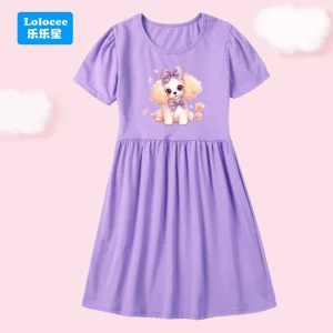 Girls' Purple Poodle Print Dress - Cute Short Sleeve Summer Toddler Girl Sport Dress Kids Casual Party Sundress 3-14y GG2
