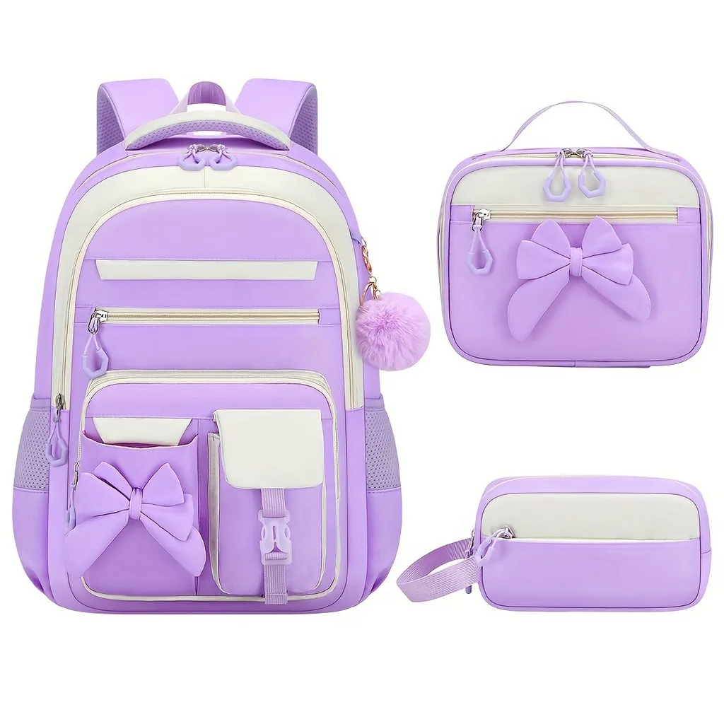 Girls School Backpack Stylish Elementary School Bag Bow School Bag Set Colorful Color Block Backpack For Daily Campus Use - Image 5