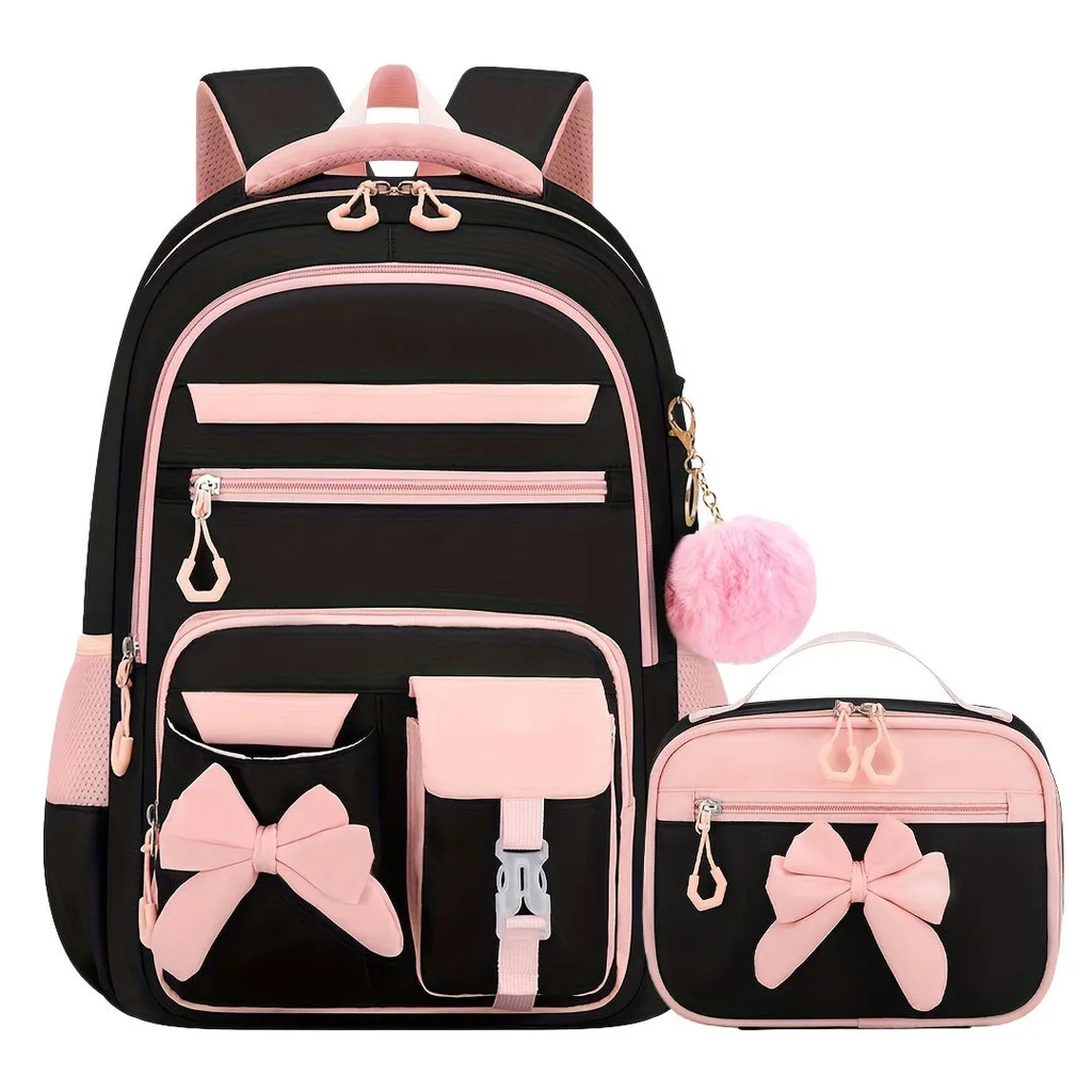 Girls School Backpack Stylish Elementary School Bag Bow School Bag Set Colorful Color Block Backpack For Daily Campus Use - Image 3