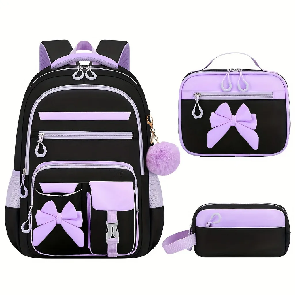 Girls School Backpack Stylish Elementary School Bag Bow School Bag Set Colorful Color Block Backpack For Daily Campus Use - Image 4