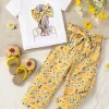 Girls Summer 2-Piece Set Cartoon Print T-Shirt & Floral Straight Leg Pants Breathable Kids Clothing Casual Outfit Fashion