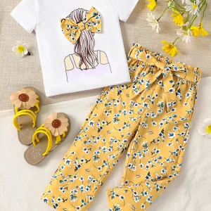 Girls Summer 2-Piece Set Cartoon Print T-Shirt & Floral Straight Leg Pants Breathable Kids Clothing Casual Outfit Fashion