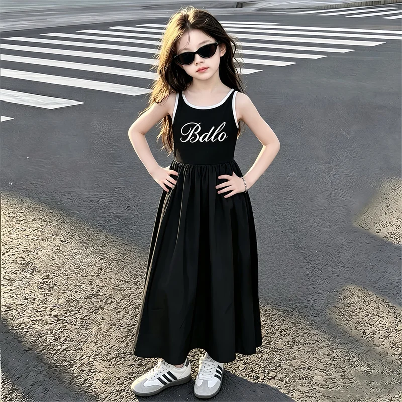 Girls Vest Patchwork Dress Summer Children Letter Print Kids Birthday Party Vestidos Clothes Teen Casual Sleeveless Dress 5-14Y