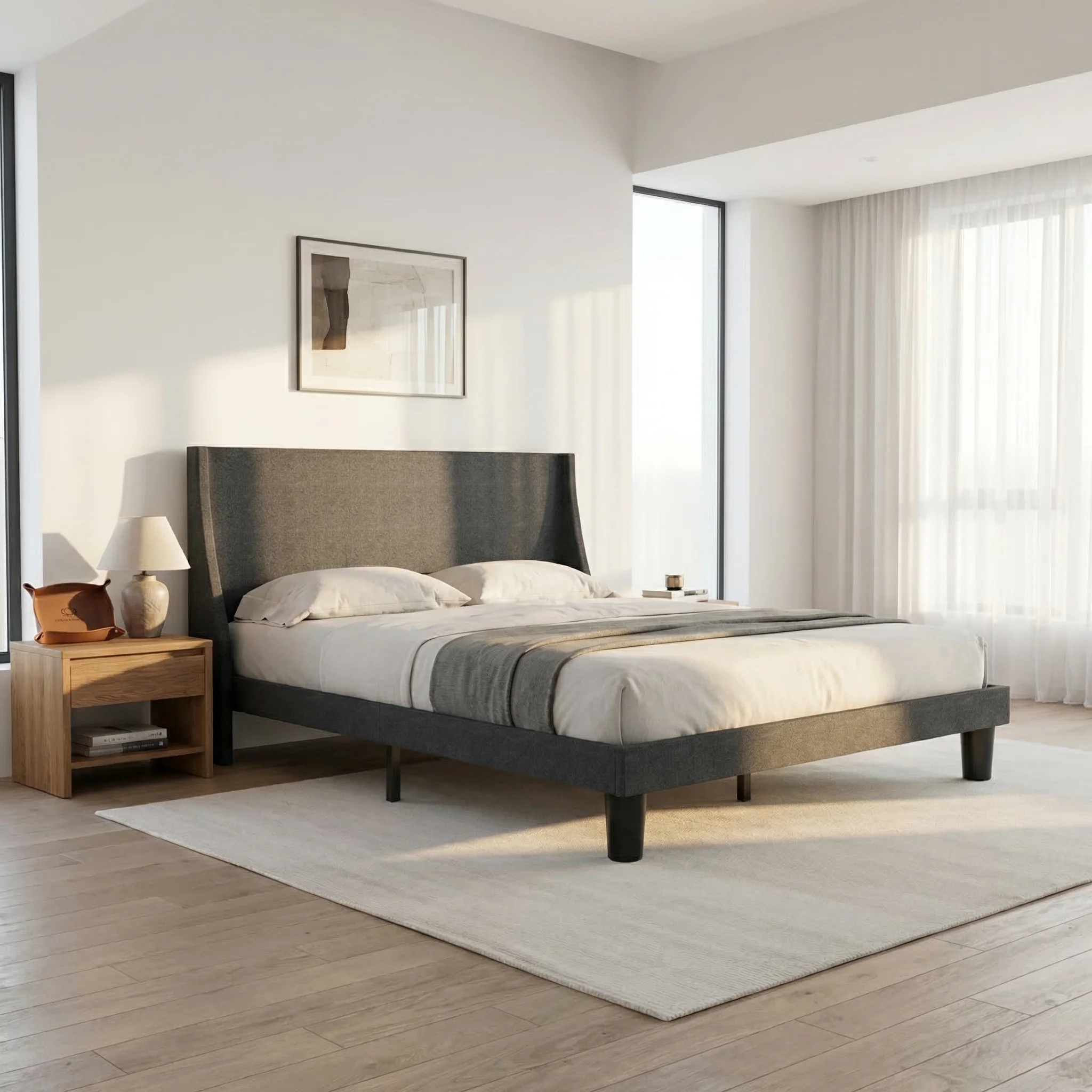 HAUSPROFI Double Bed Frame 135cm, Upholstered Bed with Winged Headboard, Wooden Slats Support, Easy Assembly, Modern Bed - Image 3
