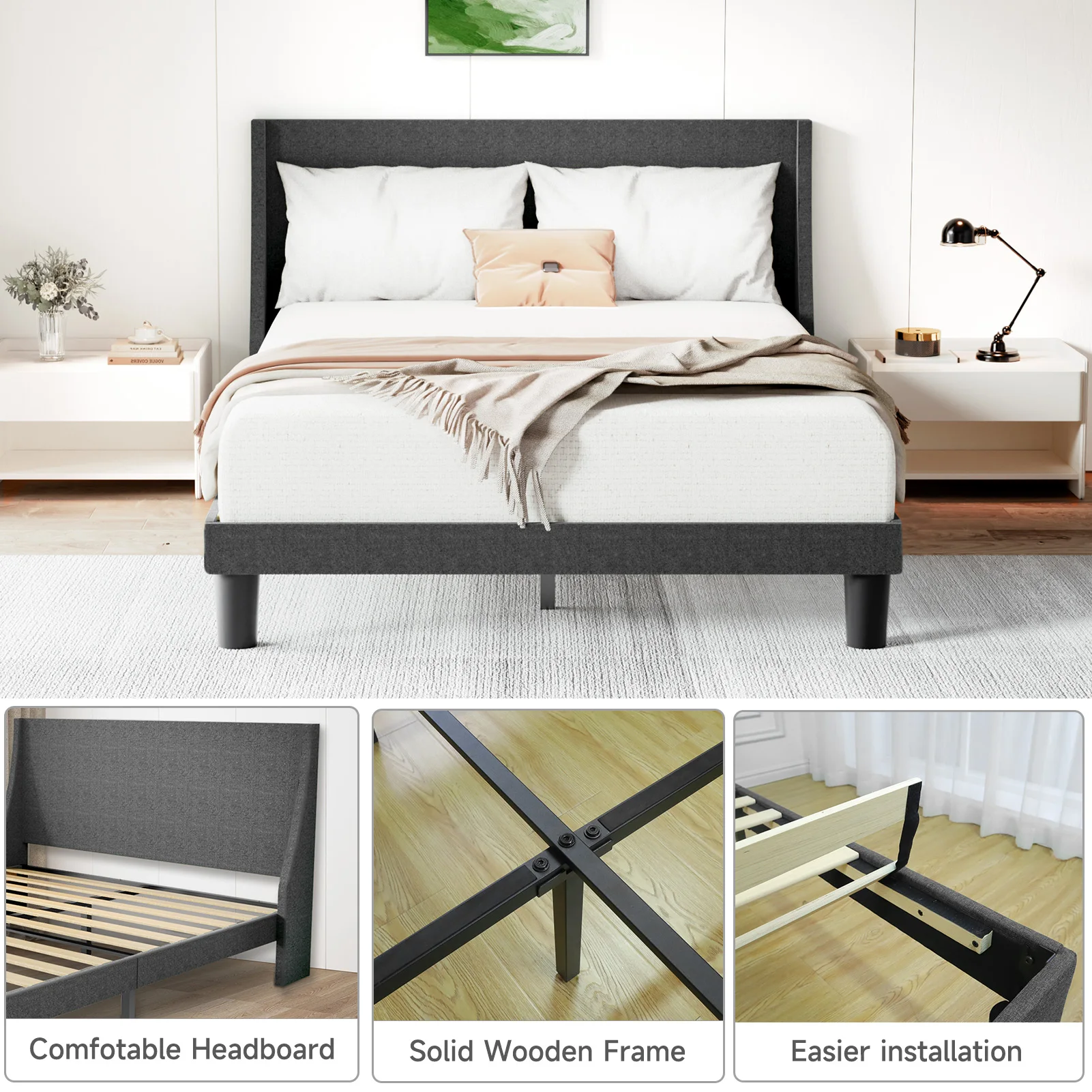 HAUSPROFI Double Bed Frame 135cm, Upholstered Bed with Winged Headboard, Wooden Slats Support, Easy Assembly, Modern Bed - Image 5