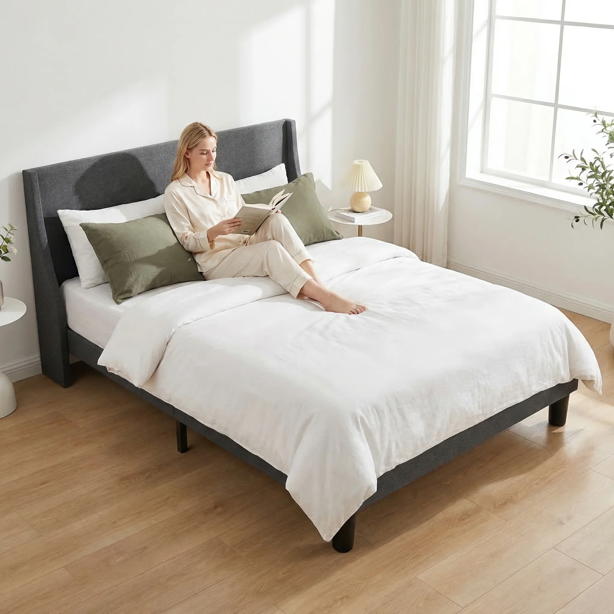 HAUSPROFI Double Bed Frame 135cm, Upholstered Bed with Winged Headboard, Wooden Slats Support, Easy Assembly, Modern Bed