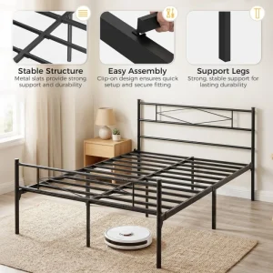 HOMCOM 4ft6 Double Bed Frame with Headboard & Footboard, Metal Platform Bed with 32cm Under-Bed Storage, Sturdy Steel Slats, Squeak-Free Design, No Box Spring Needed, Black