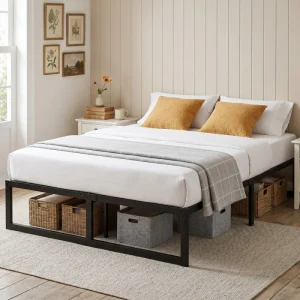 HOMCOM 4ft6 Double Bed Frame with Underbed Storage & Steel Slat Support, Metal Platform Bed with 32cm Clearance, Noise-Free Design, No Box Spring Needed, Black