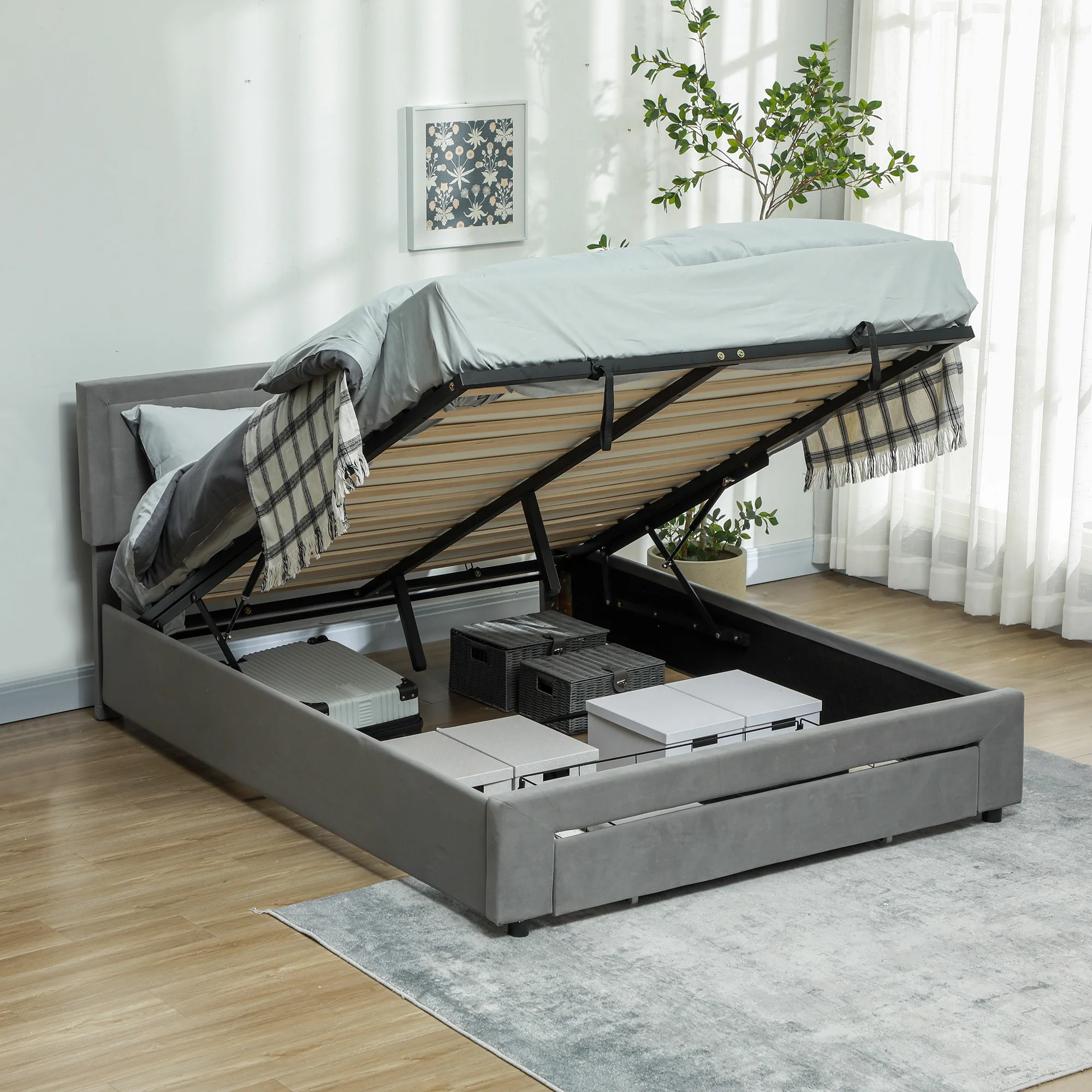 HOMCOM King Size Bed Frame with Storage and Adjustable Velvet Headboard - Image 2