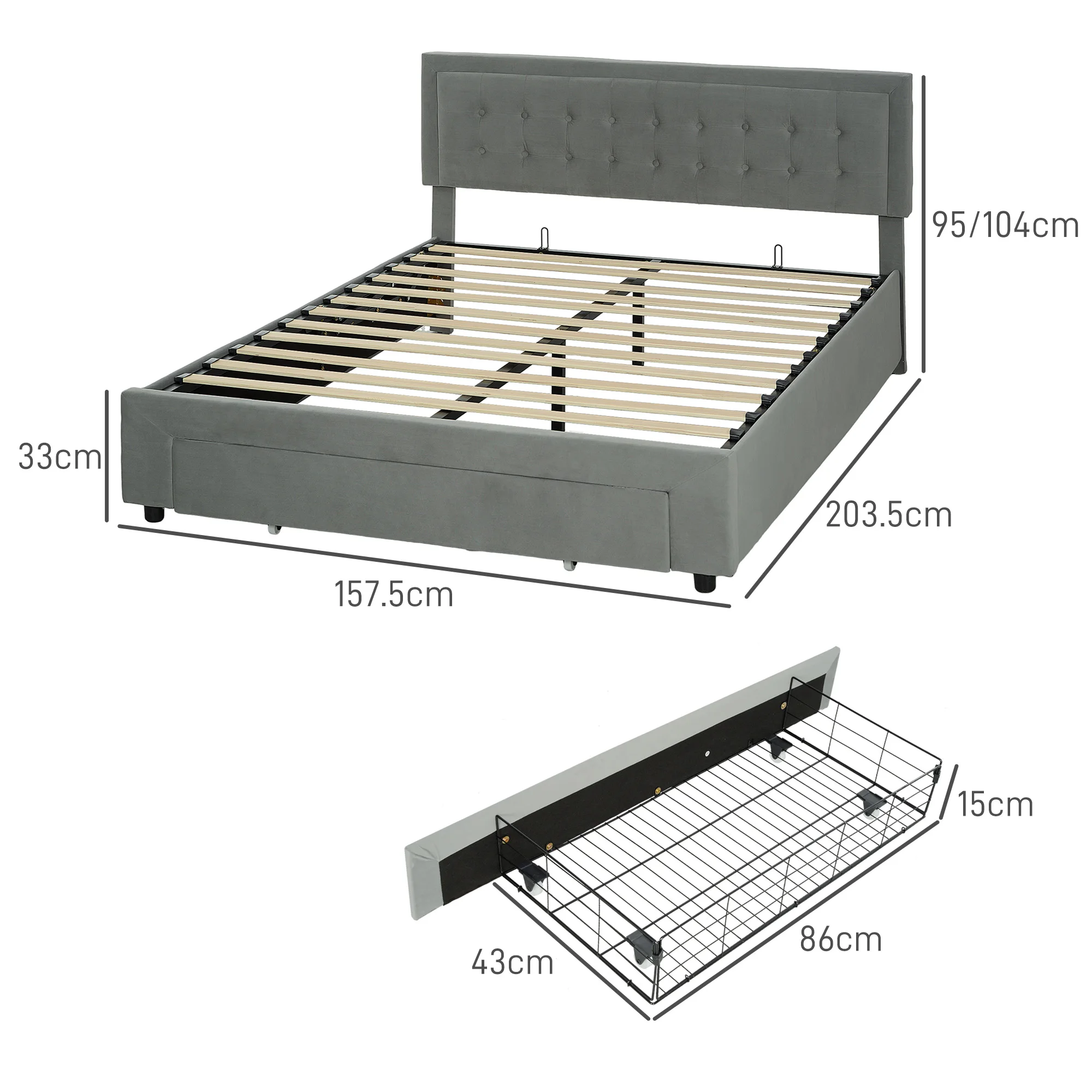HOMCOM King Size Bed Frame with Storage and Adjustable Velvet Headboard - Image 3