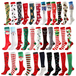 HYSAIXIA Christmas Compression High Stockings Women Men Pressure Socks Compress Sports Pattern Running Knee High Nylon Run Socks
