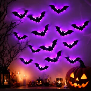 Halloween Bat Wall Stickers with Purple LED Glowing Lights Battery Operated Stickers for Window Door Garden Party Decor ﻿ ﻿