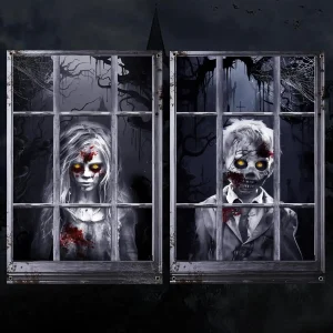 Halloween Ghost Curtains Decorations, 2 Pack, Window Silhouettes, Horror Little Girl and Boy Window Cover Indoor Decor（Kids