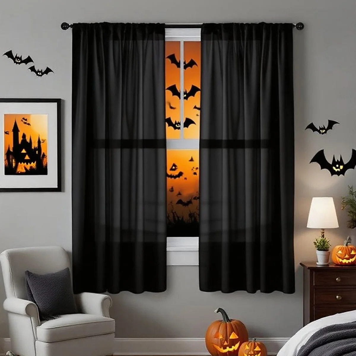Halloween Ghost Day Holiday Celebration Decoration Orange Black Gauze Threaded Bar Curtain Sheet for Living Room Bedroom Window - Image 4