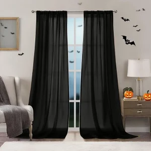 Halloween Ghost Day Holiday Celebration Decoration Orange Black Gauze Threaded Bar Curtain Sheet for Living Room Bedroom Window