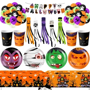 Halloween Ghost Party Decoration Disposable Tableware Balloon Banner Ceiling Door Hanging for Happy Hunting Halloween Supplies