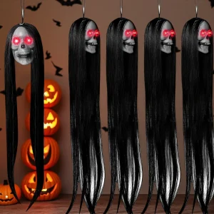 Halloween Hanging Ghost Skull with Long Hair Glowing Eyes Terror Skull Ghost House Head Skeleton Props 2024 Halloween Decoration