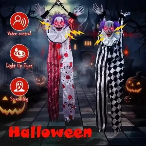 Halloween Party Props Animated Hanging Clown with Chain Glowing Eyes Creepy Sound for Haunted House Outdoor Yard Decoration