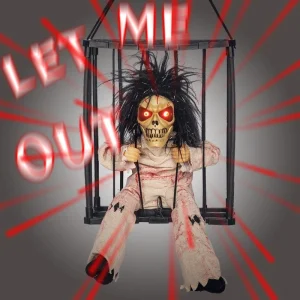 Halloween Scary Skull Decoration Hangable Talking Ghost Prop with Glowing Eye Sound Doll Electric Skeleton Toy in Prisoner Cage