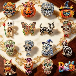 Halloween Sugar Skull Enamel Brooch Gothic Pumpkin Skeleton Cat Lapel Pin Party Costume Backpack Clothes Decor BadgeJewelry Gift