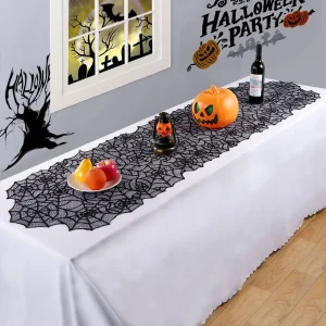 Halloween Table Runner Tablecloth Spider Web Halloween Black Fireplace Mantel Cover for Home Party Halloween Decoration
