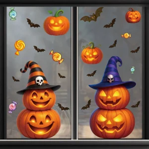 Halloween Themed Pumpkin Ghost Window Stickers, Waterproof Static Clings for Window Glass Halloween Scene Layout Decor