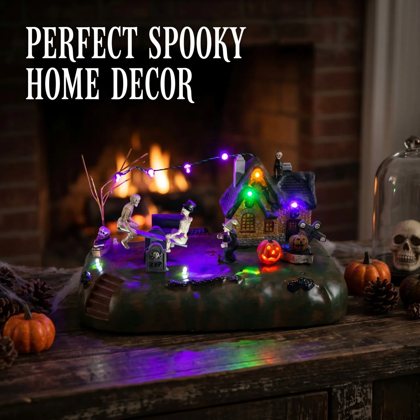 Halloween Village Animated Skeleton Seesaw LED Light Pumpkin Witch Spooky Haunted House Tabletop Statue Decor Holiday Gift - Image 2