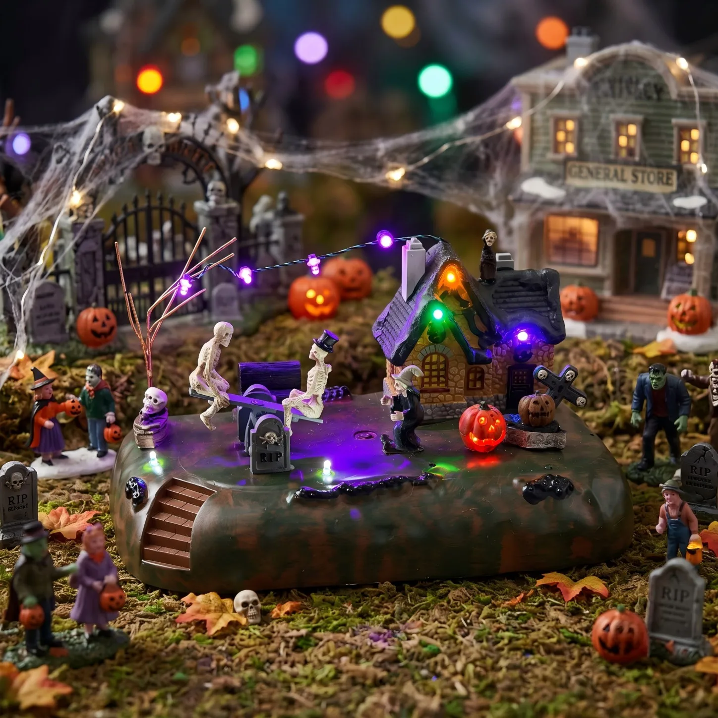 Halloween Village Animated Skeleton Seesaw LED Light Pumpkin Witch Spooky Haunted House Tabletop Statue Decor Holiday Gift - Image 4