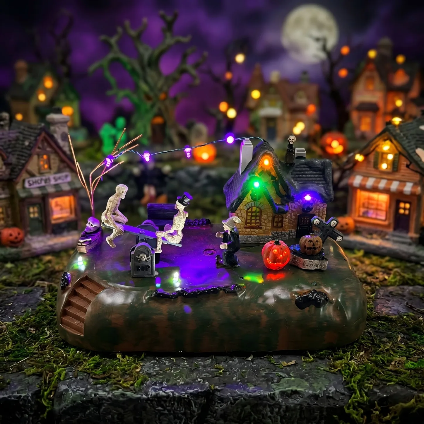 Halloween Village Animated Skeleton Seesaw LED Light Pumpkin Witch Spooky Haunted House Tabletop Statue Decor Holiday Gift - Image 6