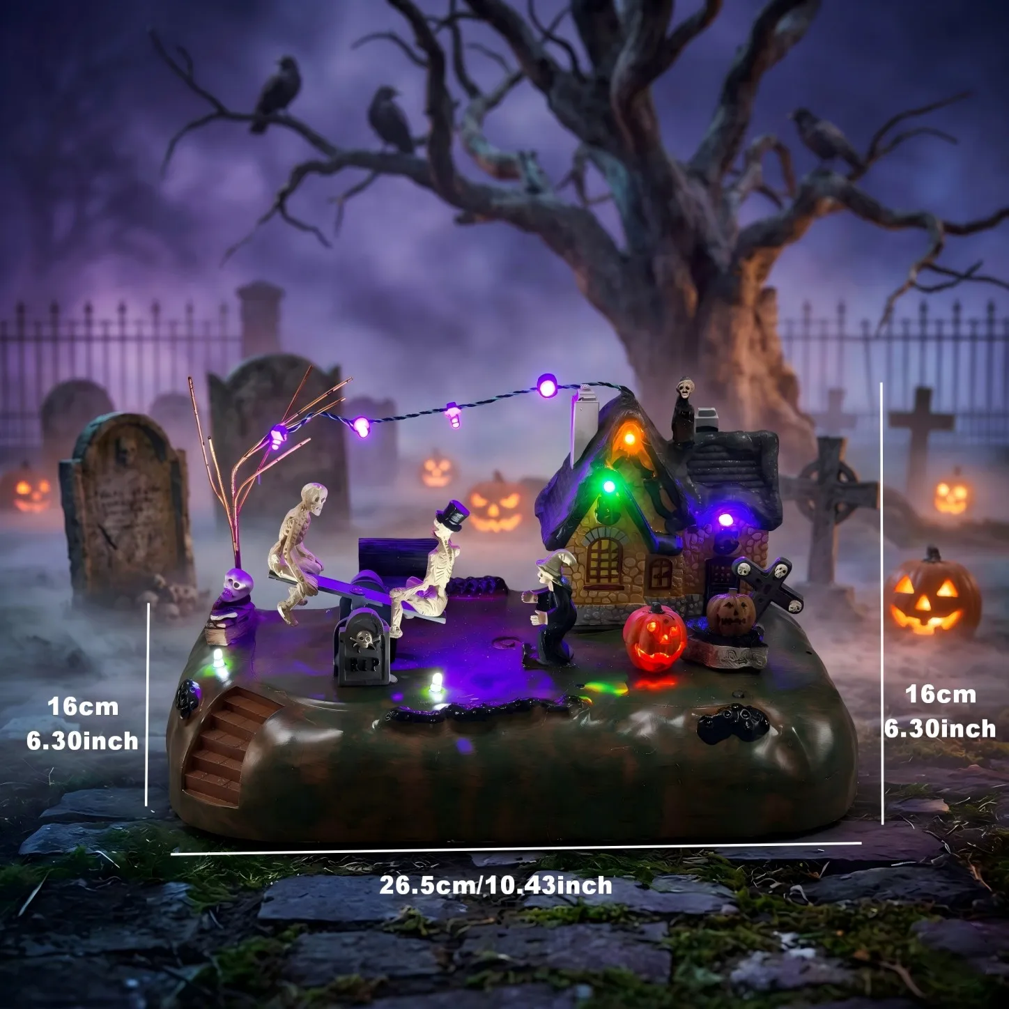 Halloween Village Animated Skeleton Seesaw LED Light Pumpkin Witch Spooky Haunted House Tabletop Statue Decor Holiday Gift - Image 3