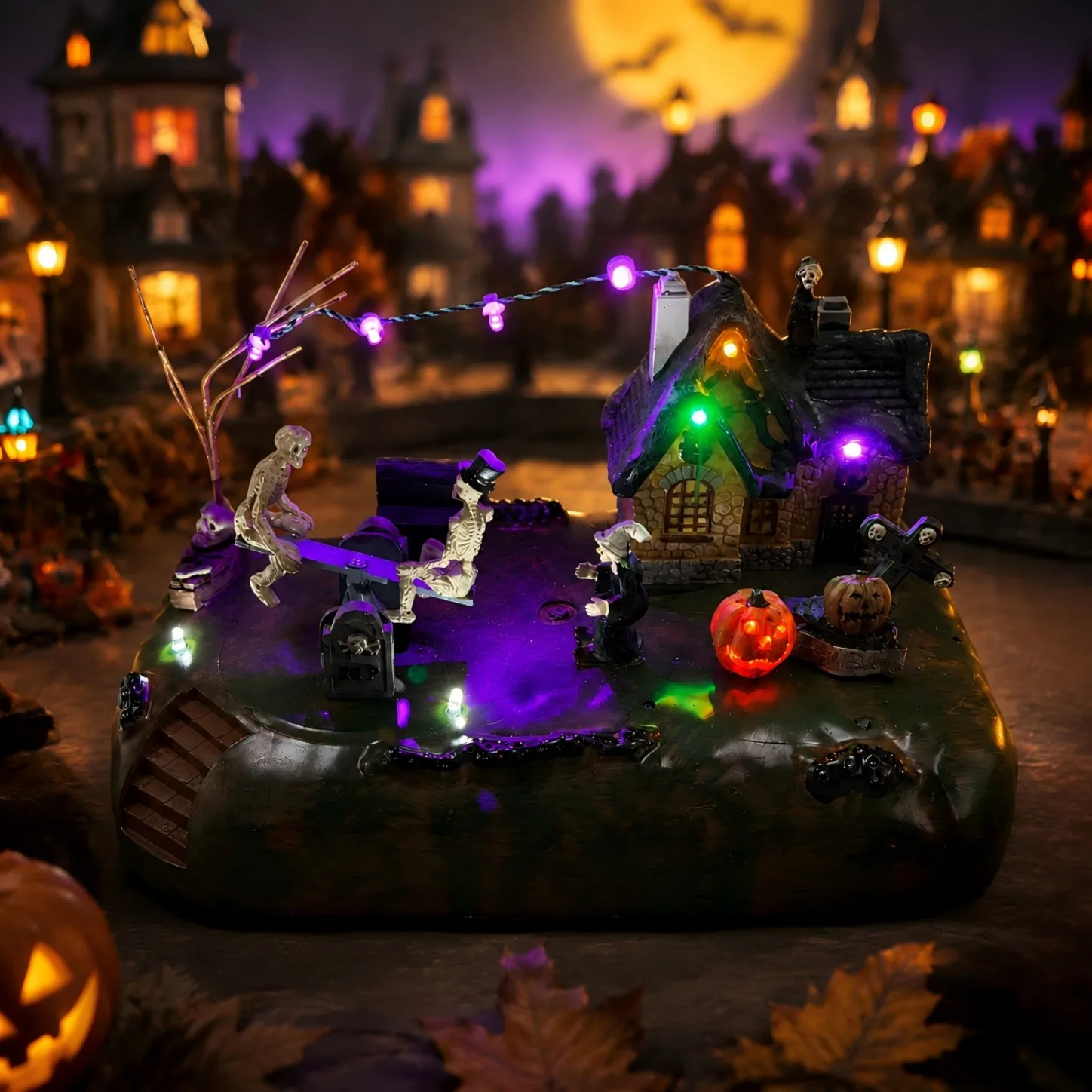 Halloween Village Animated Skeleton Seesaw LED Light Pumpkin Witch Spooky Haunted House Tabletop Statue Decor Holiday Gift - Image 5