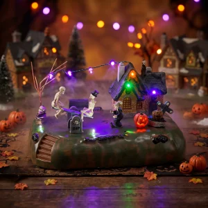 Halloween Village Animated Skeleton Seesaw LED Light Pumpkin Witch Spooky Haunted House Tabletop Statue Decor Holiday Gift