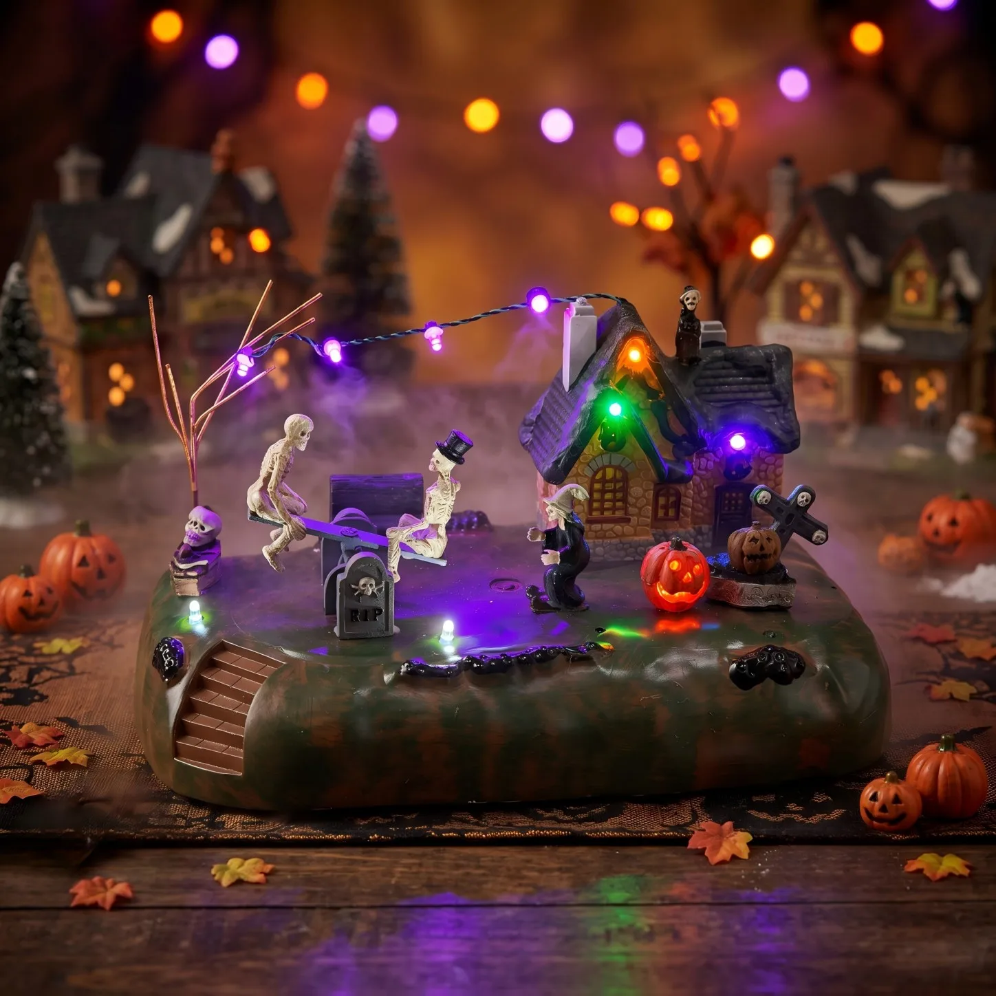 Halloween Village Animated Skeleton Seesaw LED Light Pumpkin Witch Spooky Haunted House Tabletop Statue Decor Holiday Gift