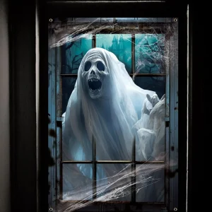 Halloween Window Cover, Large Spooky Window Clings White Cloth Ghost Haunted House Window Decor for Indoor Outdoor Door