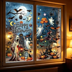 Halloween Window Glass Stickers Cartoon Pumpkin Lantern Candy Bat Skull Witch Hat Static Sticker Happy Halloween Day Party Decor