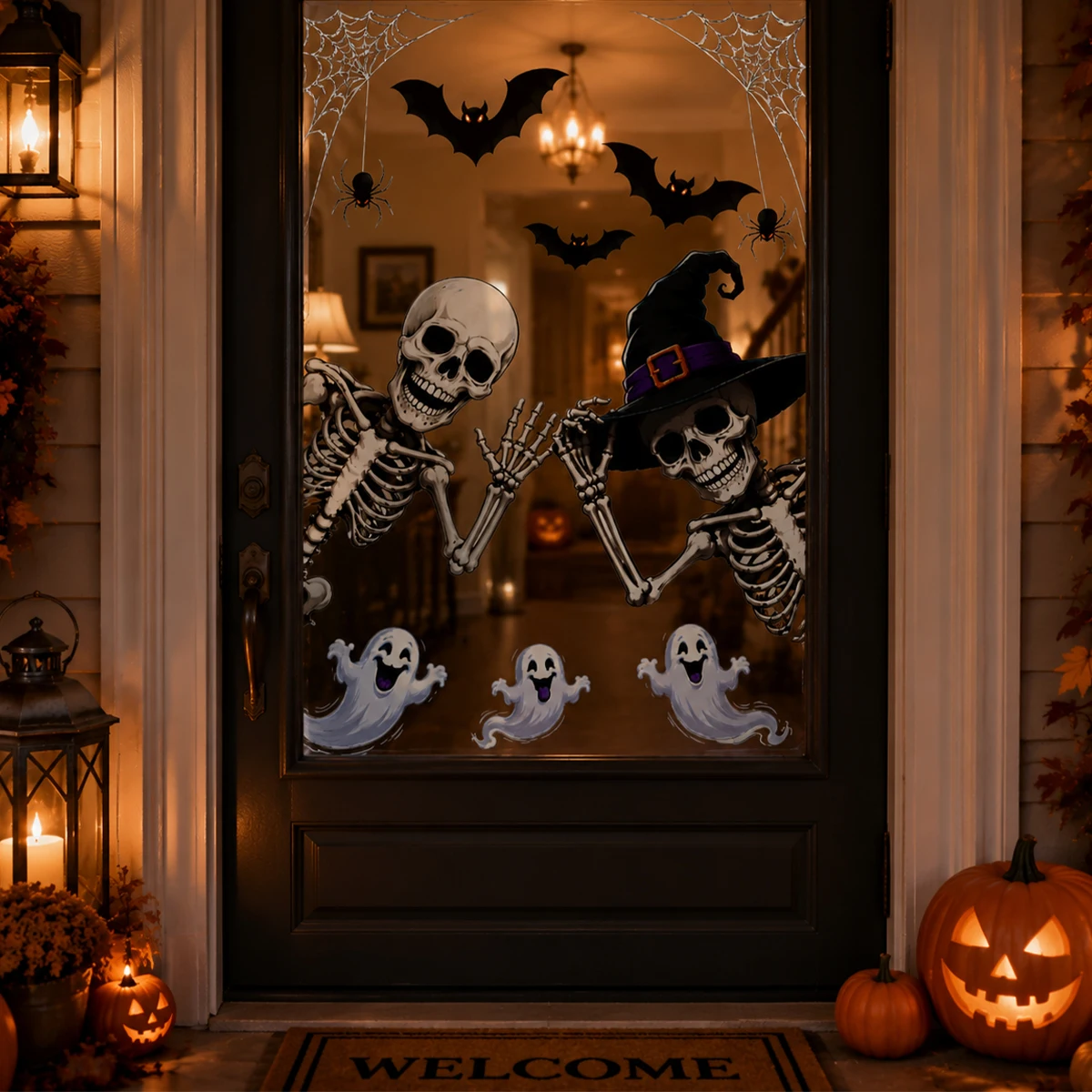 Halloween Window Stickers Skeleton Witch Skull Static Cling Cute Ghost Bat Decals Non-Adhesive Glass Decor for Home Party Shop W - Image 4