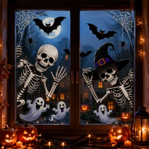 Halloween Window Stickers Skeleton Witch Skull Static Cling Cute Ghost Bat Decals Non-Adhesive Glass Decor for Home Party Shop W