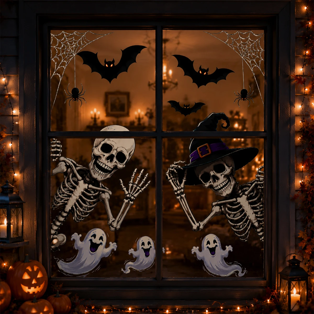 Halloween Window Stickers Skeleton Witch Skull Static Cling Cute Ghost Bat Decals Non-Adhesive Glass Decor for Home Party Shop W - Image 5