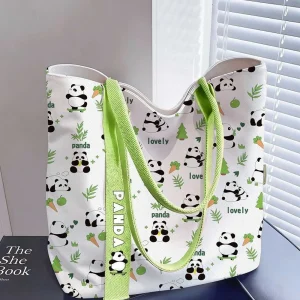 Happy Panda Cartoon Tote Bag, Sweet and Stylish Canvas Bag, Versatile Open-Top Shoulder Commuter Bag for Women