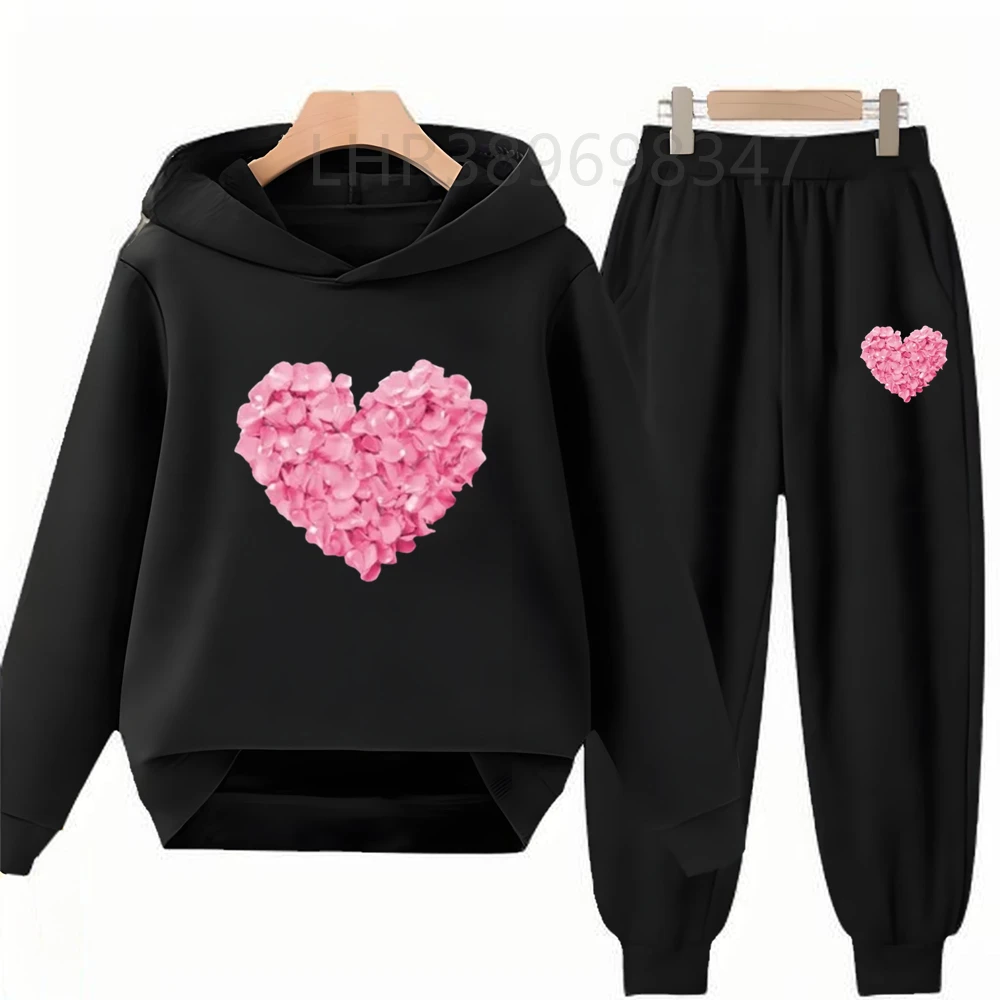 Heart-Shaped Children's Hoodies Suit Top+Bottom Girls Pink Boy Black Age 3-12 Coat Casual Toddler Long Sleeves Autumn Clothing - Image 2