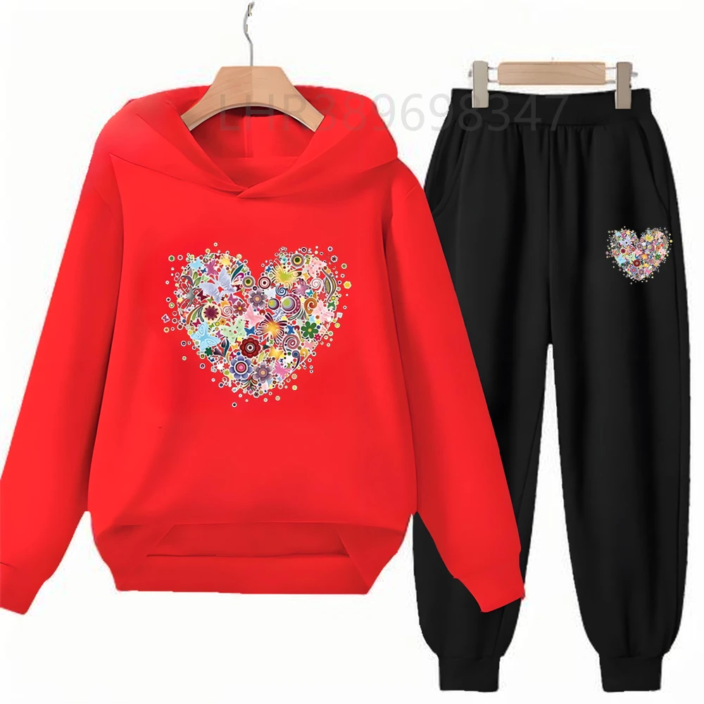 Heart-Shaped Children's Hoodies Suit Top+Bottom Girls Pink Boy Black Age 3-12 Coat Casual Toddler Long Sleeves Autumn Clothing - Image 3