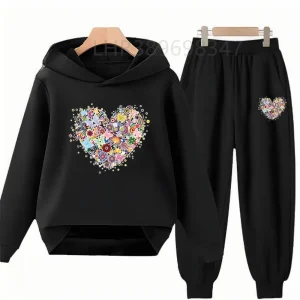 Heart-Shaped Children's Hoodies Suit Top+Bottom Girls Pink Boy Black Age 3-12 Coat Casual Toddler Long Sleeves Autumn Clothing