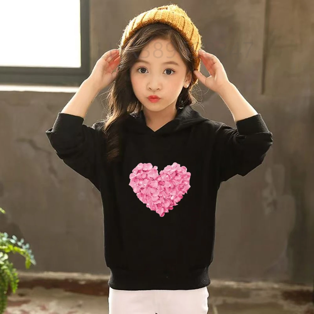 Heart-Shaped Children's Hoodies Suit Top+Bottom Girls Pink Boy Black Age 3-12 Coat Casual Toddler Long Sleeves Autumn Clothing - Image 5