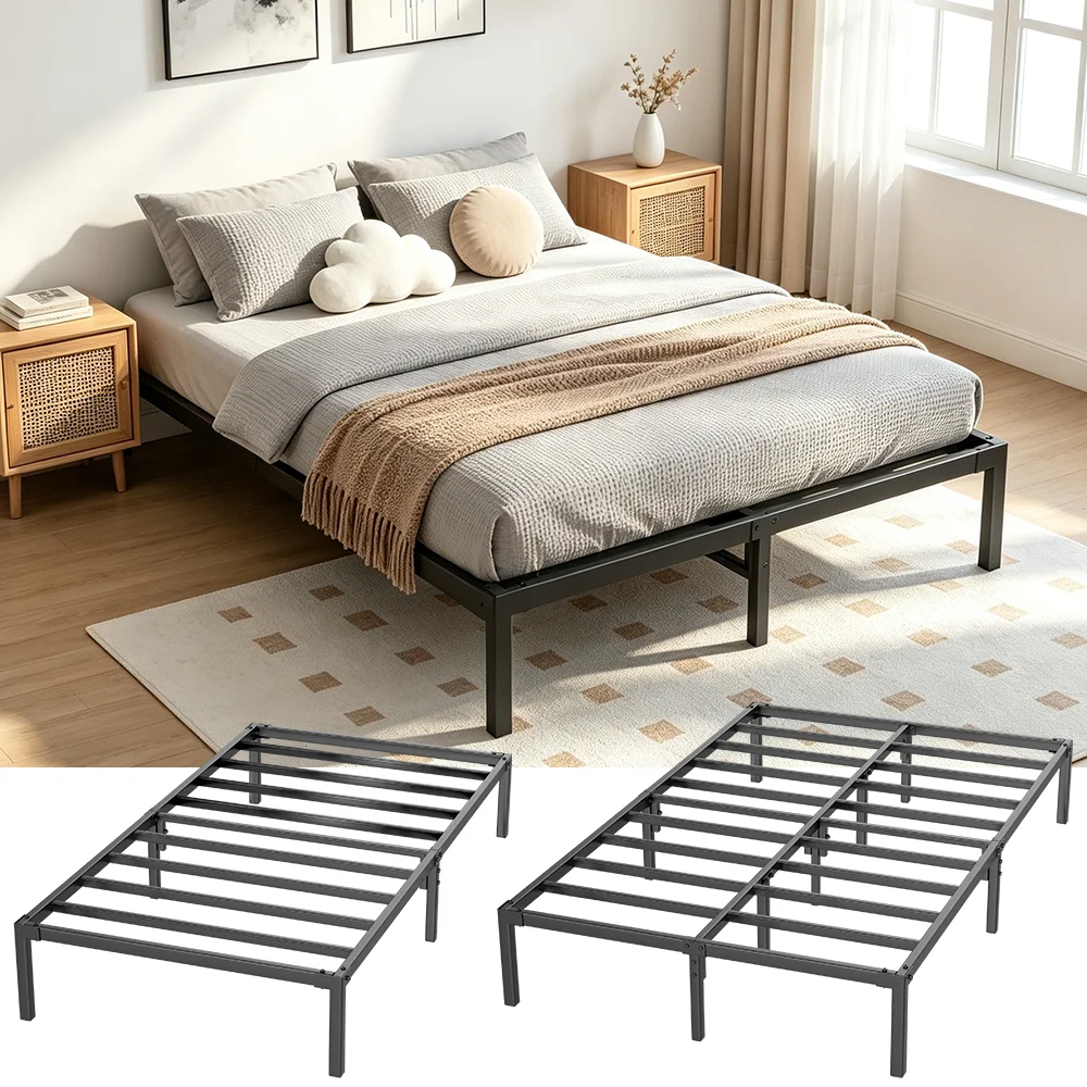 Heavy Duty Metal Bed Frame, No Box Spring Needed Platform Bed Base, 14 Inch Underbed Storage Black Steel Slatted Bed 190*88*35cm/190*135*35cm